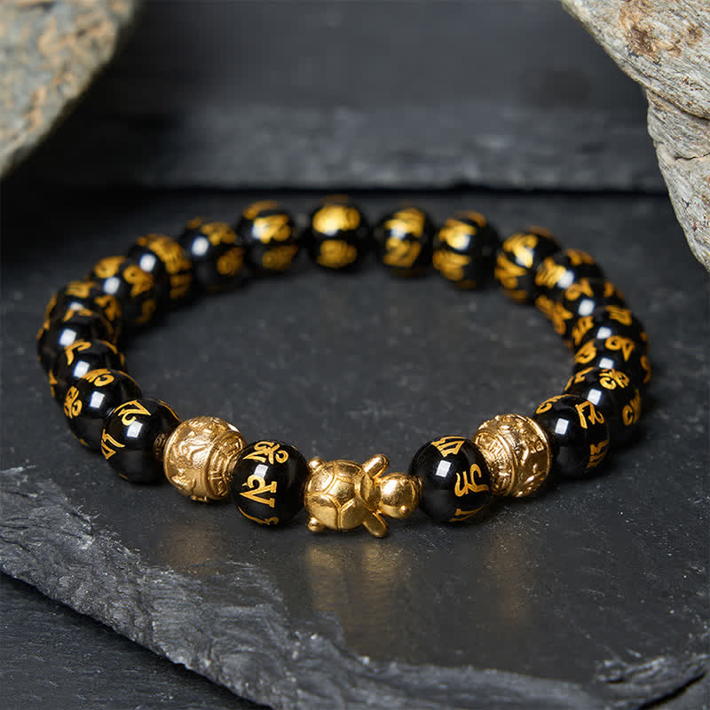 Buddha Stones Natural Black Onyx Beaded Om Mani Padme Hum Turtle Strength Bracelet - 8mm Black Onyx(Wrist Circumference: 5.9–6.3 in/15–16 cm) - image 0