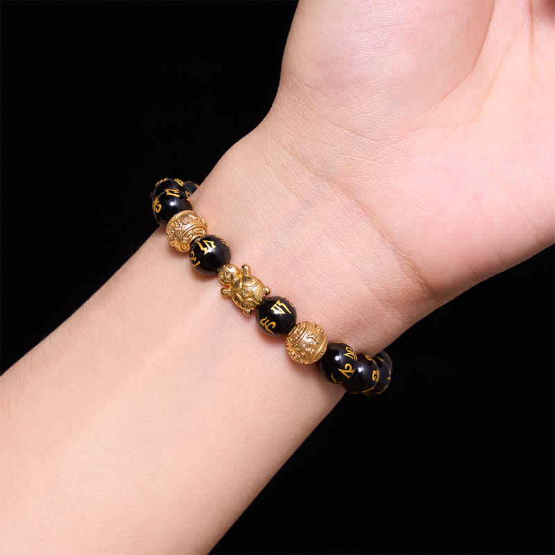 Buddha Stones Natural Black Onyx Beaded Om Mani Padme Hum Turtle Strength Bracelet - image 4