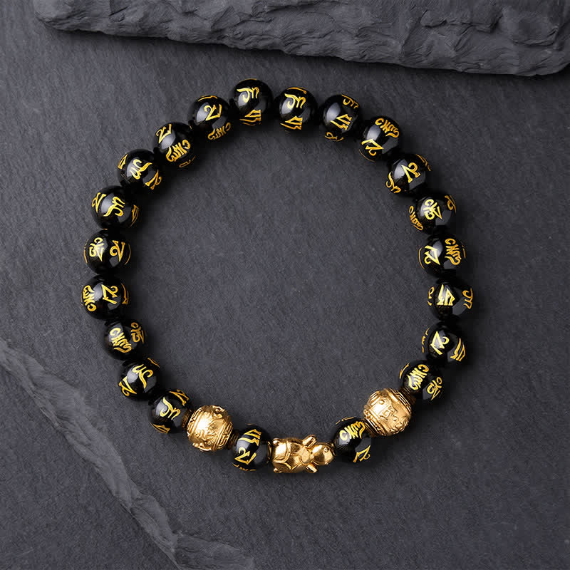 Buddha Stones Natural Black Onyx Beaded Om Mani Padme Hum Turtle Strength Bracelet - image 1