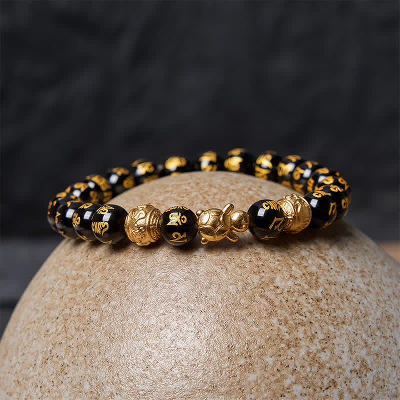 Buddha Stones Natural Black Onyx Beaded Om Mani Padme Hum Turtle Strength Bracelet - image 10