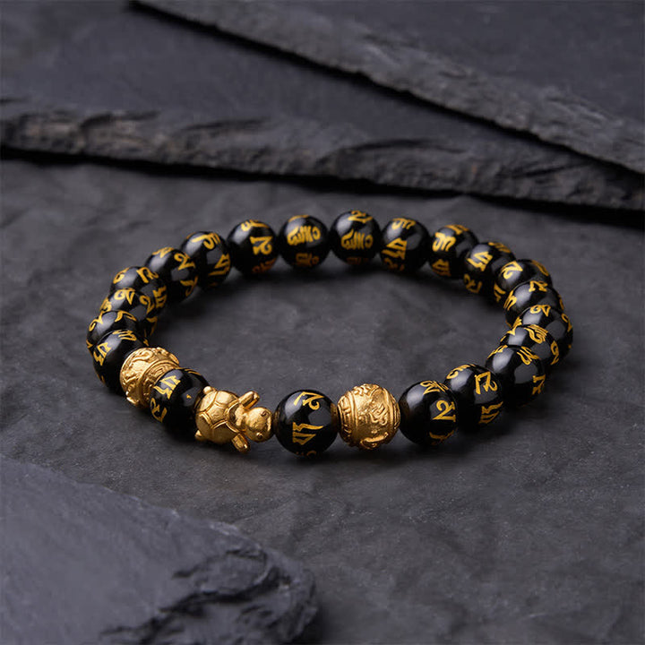 Buddha Stones Natural Black Onyx Beaded Om Mani Padme Hum Turtle Strength Bracelet - image 2