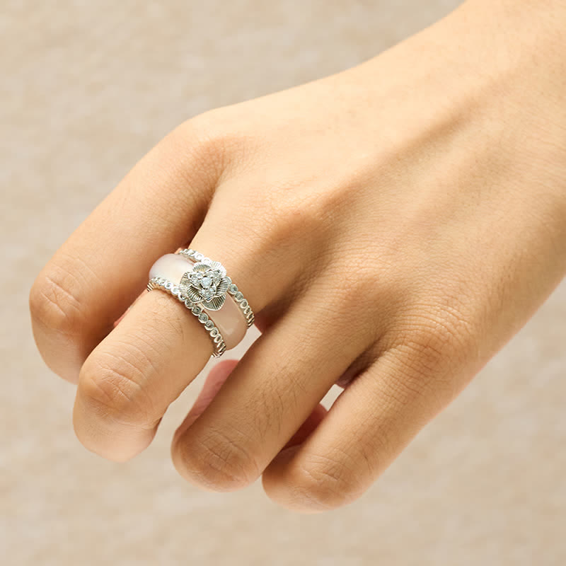 Buddha Stones Copper Inlaid White Camellia Retro Chinese Layered Ring - image 3