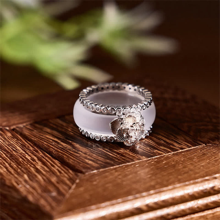 Buddha Stones Copper Inlaid White Camellia Retro Chinese Layered Ring - image 1