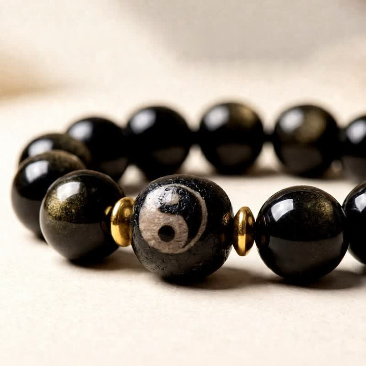 Buddha Stones Golden Sheen Obsidian Yin Yang Protection and Balance Bracelet - image 2