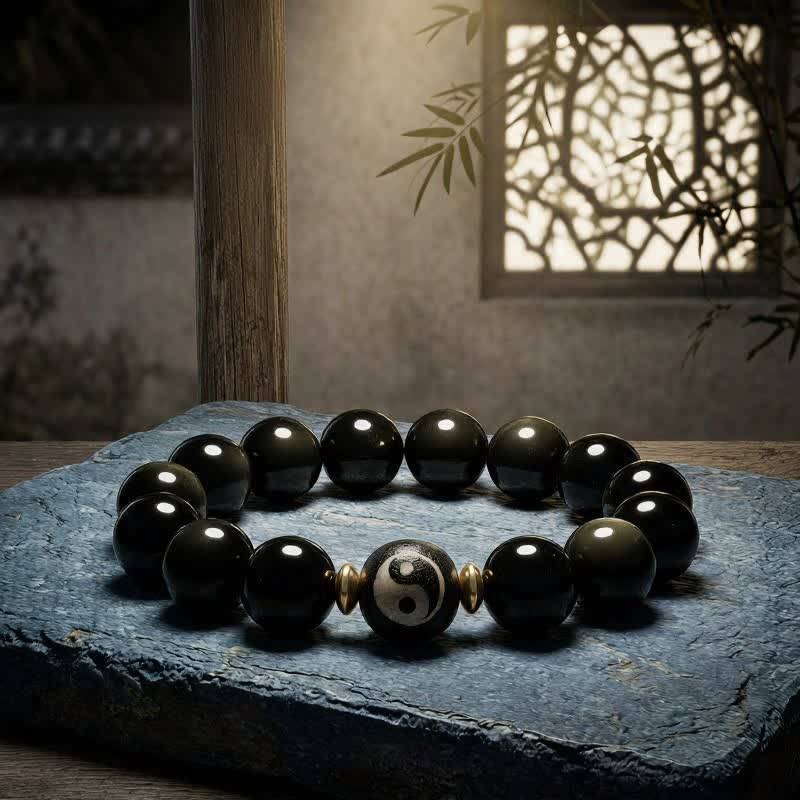 Buddha Stones Golden Sheen Obsidian Yin Yang Protection and Balance Bracelet - image 1
