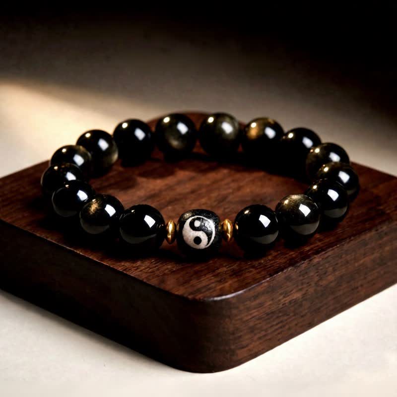 Buddha Stones Golden Sheen Obsidian Yin Yang Protection and Balance Bracelet - Golden Sheen Obsidian - 12mm (6.7–7.1 in/17–18cm) - image 0