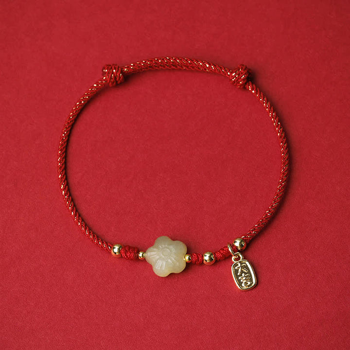 Buddha Stones Lucky Hetian Cyan Jade Floral Adjustable Cord Protection Bracelet - Red (Wrist Circumference: 5.9–7.5 in/15–19 cm) - image 1