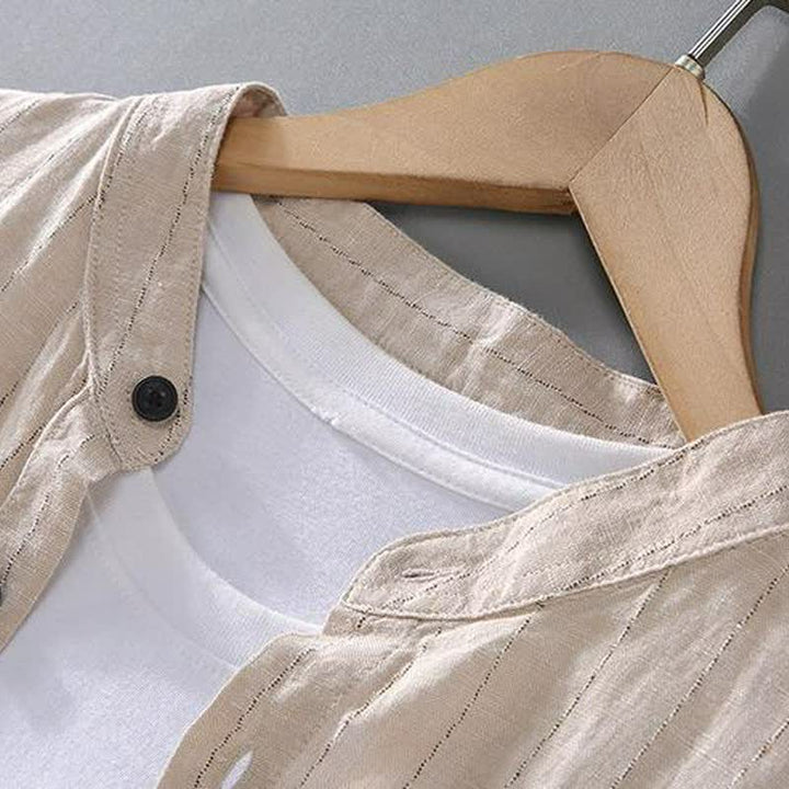 Buddha Stones Spring Summer Casual Tang Style Mandarin Collar Striped Linen Men's Long Sleeve Shirts With Pocket - image 4