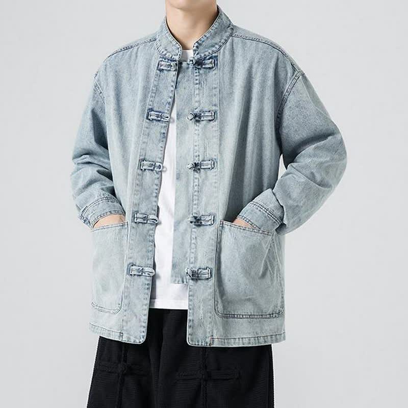 Buddha Stones Fall Vintage Tang Style Mandarin Collar Washed Solid Men's Jackets With Pocket - image 8