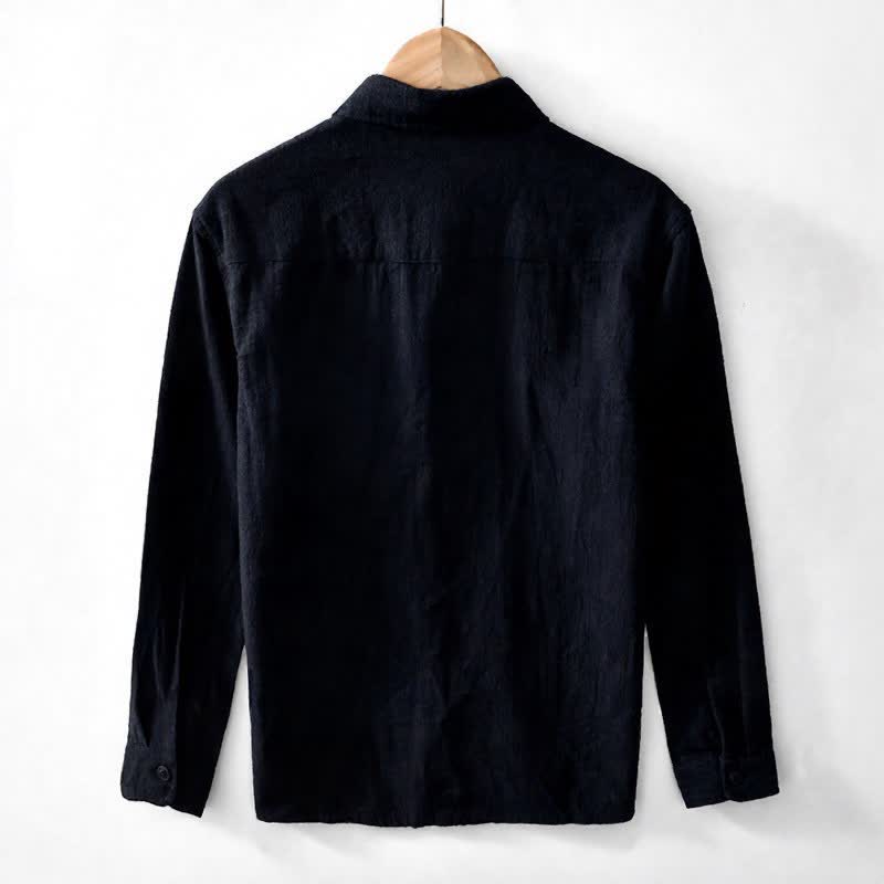 Buddha Stones Fall Casual Vintage Button-Up Patch Solid Ramie Men's Long Sleeve Shirts With Pocket - image 13