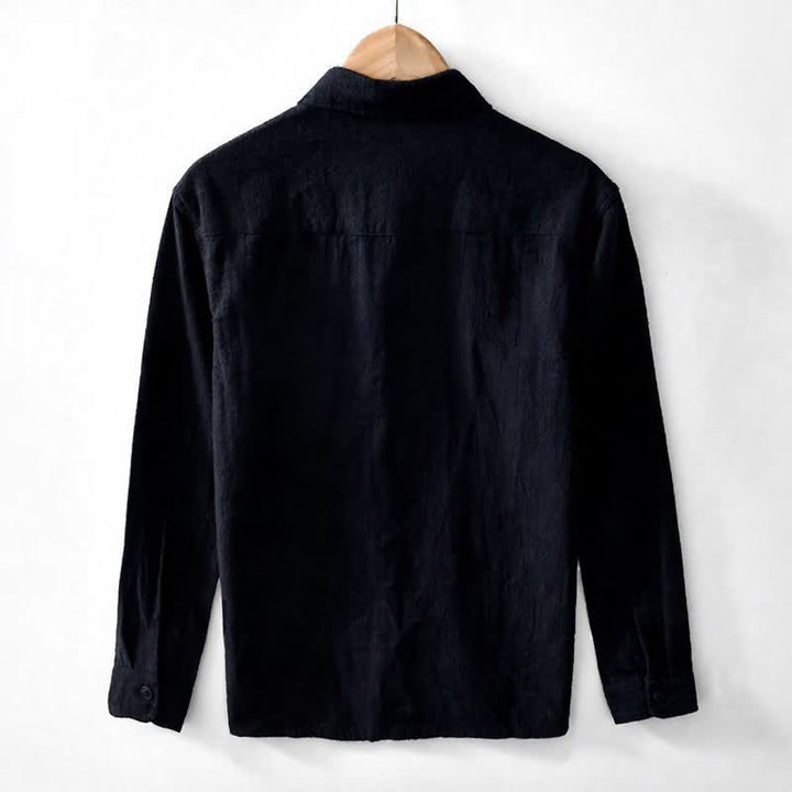 Buddha Stones Fall Casual Vintage Button-Up Patch Solid Ramie Men's Long Sleeve Shirts With Pocket - image 13