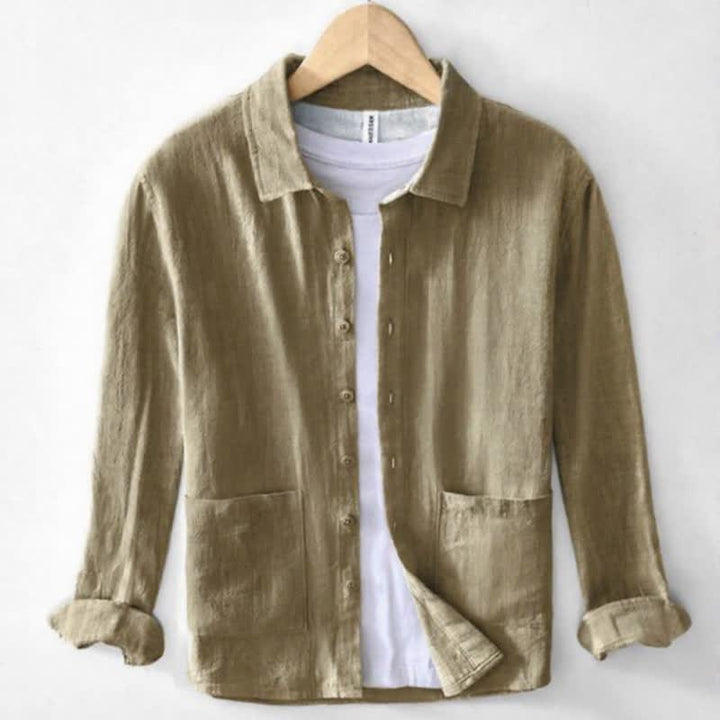 Buddha Stones Fall Casual Vintage Button-Up Patch Solid Ramie Men's Long Sleeve Shirts With Pocket - Tan - US/UK/AU42，EU52 (3XL) - image 0