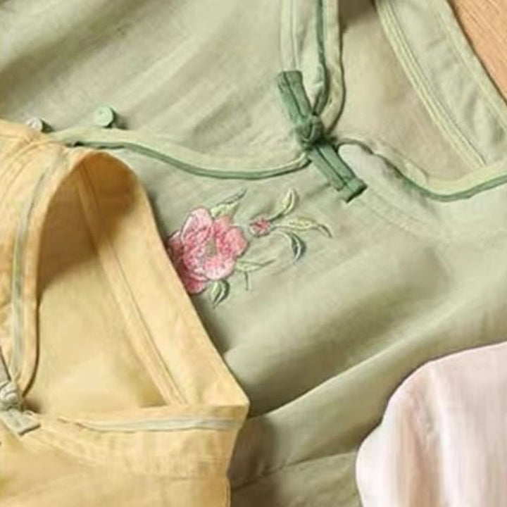 Buddha Stones Casual Vintage Embroidery Flower Pattern Chinese Frog-Button Crew Neck Design Women's Cotton Linen Shirt - image 13