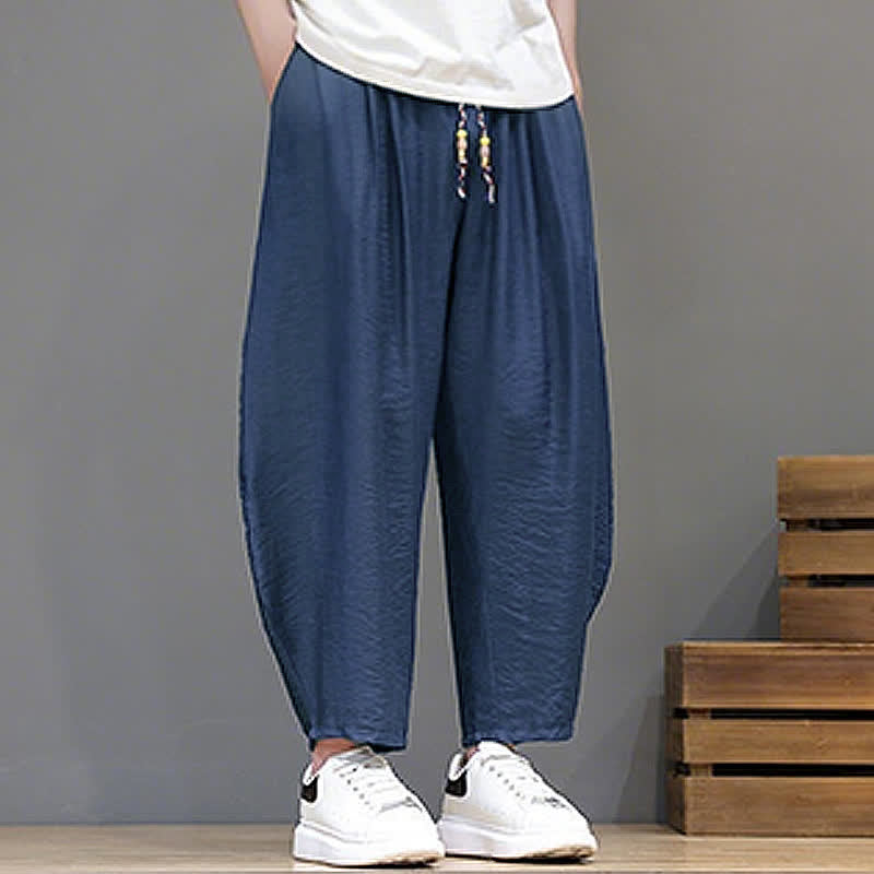 Buddha Stones Summer Casual Minimalist Drawstring Solid Cropped Pants Men's Harem Pants With Pocket - image 1
