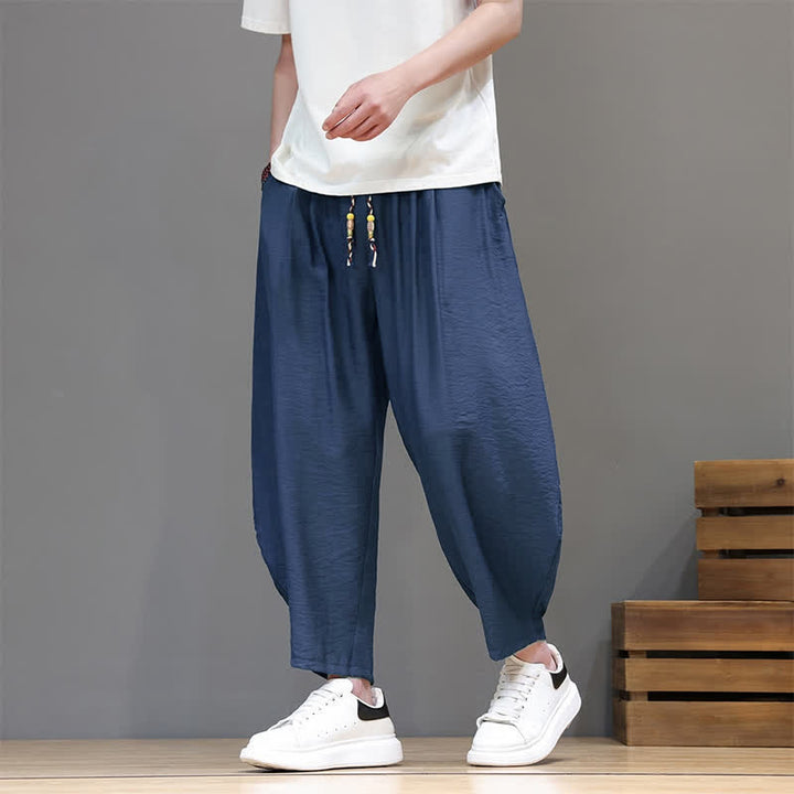 Buddha Stones Summer Casual Minimalist Drawstring Solid Cropped Pants Men's Harem Pants With Pocket - image 3
