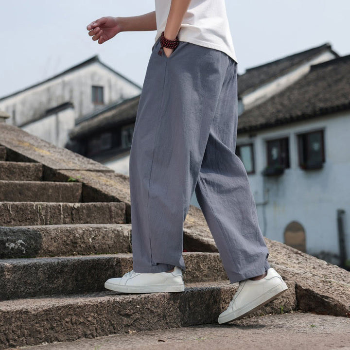 Buddha Stones Summer Casual Minimalist Drawstring Solid Cotton Long Pants Men's Harem Pants With Pocket - image 6