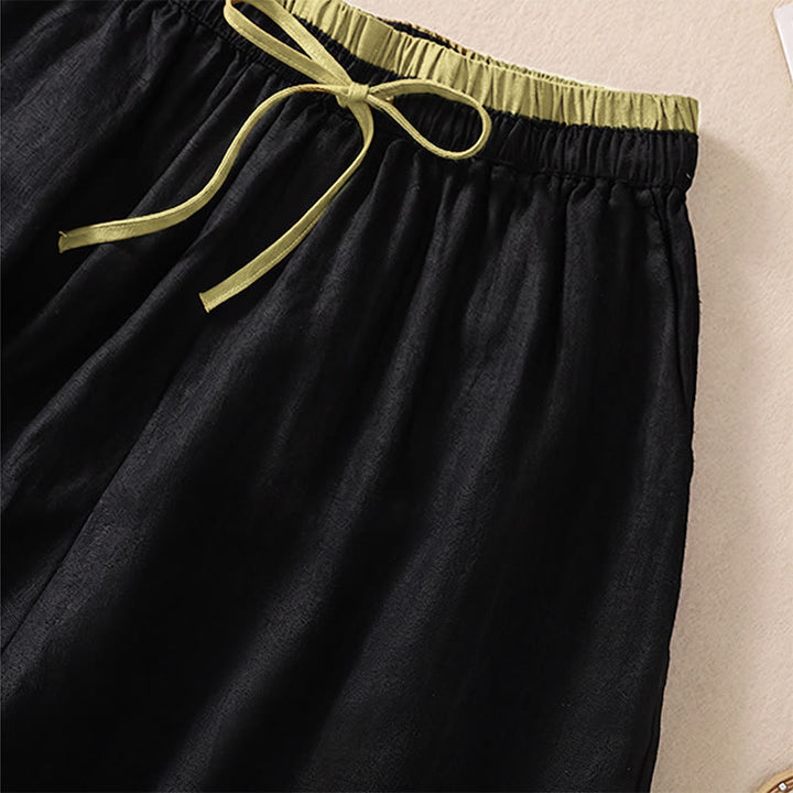 Buddha Stones Solid Color Contrast Color Waist Lace-up Cotton Linen Women's Shorts With Pockets - image 10