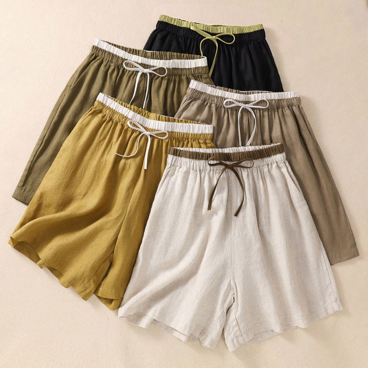 Buddha Stones Solid Color Contrast Color Waist Lace-up Cotton Linen Women's Shorts With Pockets - image 0