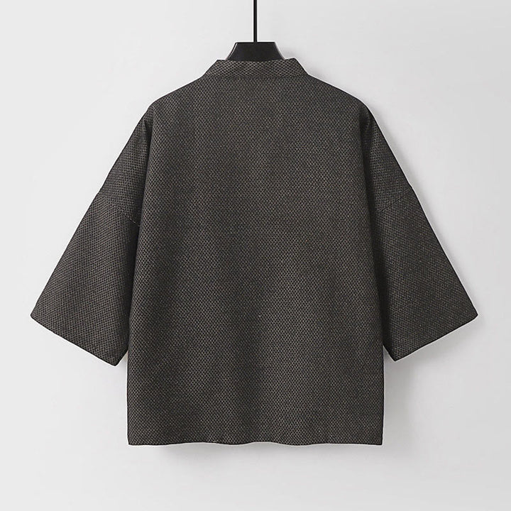 Buddha Stones Fall Casual Minimalist Drawstring Solid Cotton Linen Men's Kimono With Pockets - image 2