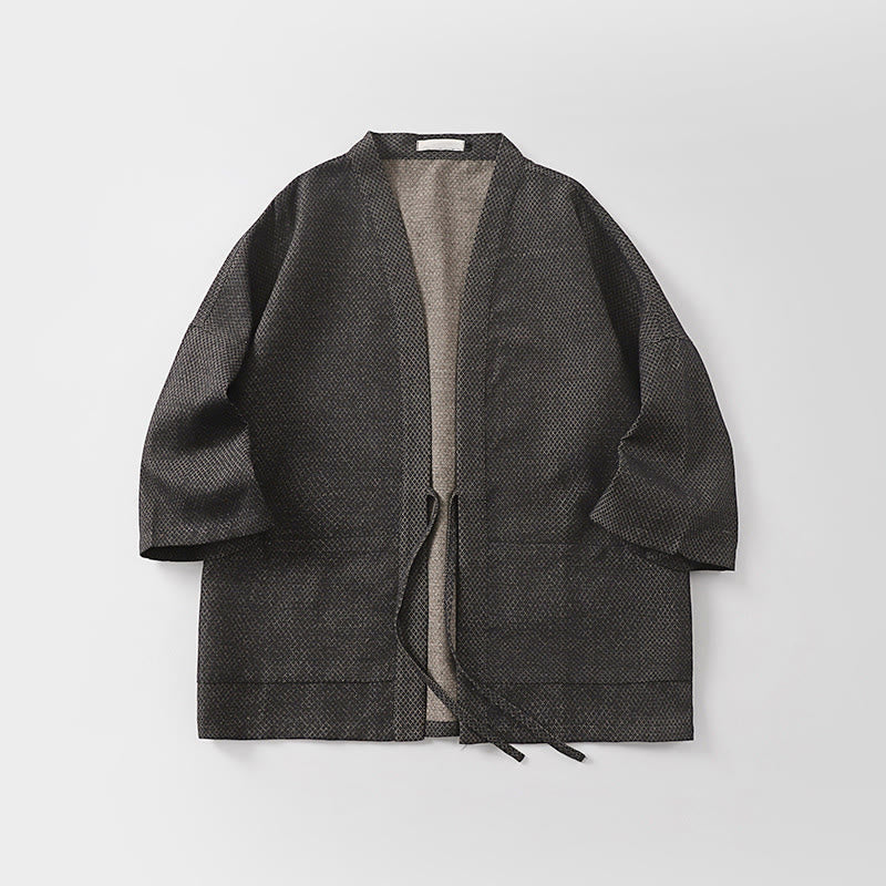 Buddha Stones Fall Casual Minimalist Drawstring Solid Cotton Linen Men's Kimono With Pockets - image 3