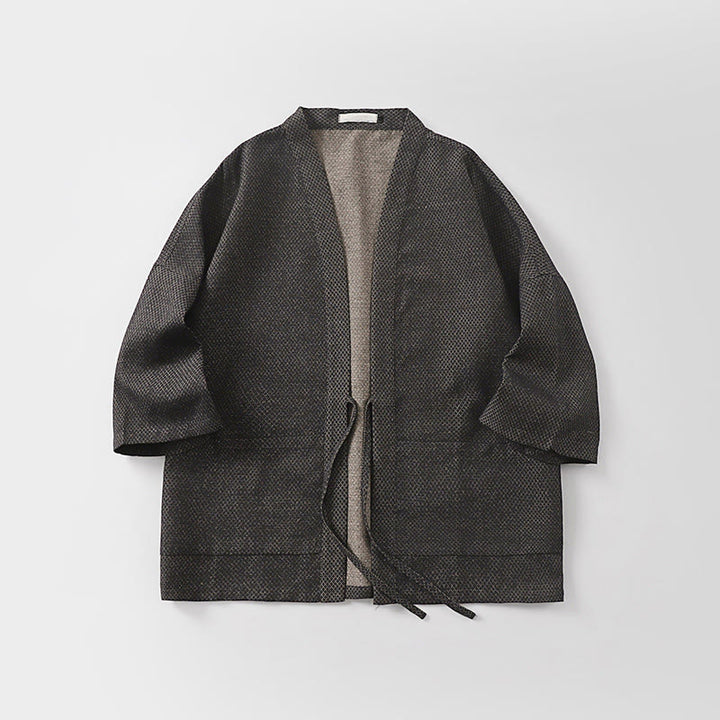 Buddha Stones Fall Casual Minimalist Drawstring Solid Cotton Linen Men's Kimono With Pockets - image 3