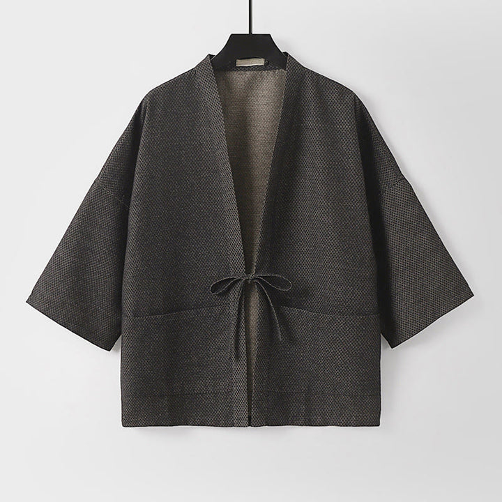 Buddha Stones Fall Casual Minimalist Drawstring Solid Cotton Linen Men's Kimono With Pockets - image 1