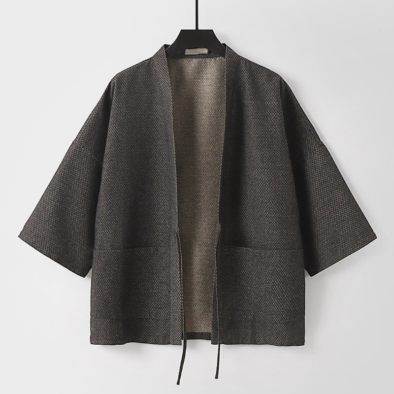 Buddha Stones Fall Casual Minimalist Drawstring Solid Cotton Linen Men's Kimono With Pockets - DimGray - US/UK/AU54，EU64 (9XL) - image 0
