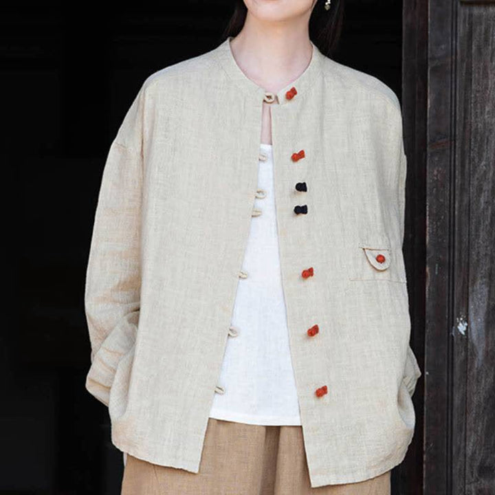 Buddha Stones Fall Tang Style Vintage Frog Button Solid Ramie Women's Long Sleeve Shirts - Linen - US4-8/10，UK/AU8-12/14，EU36-40/42 (F) - image 5