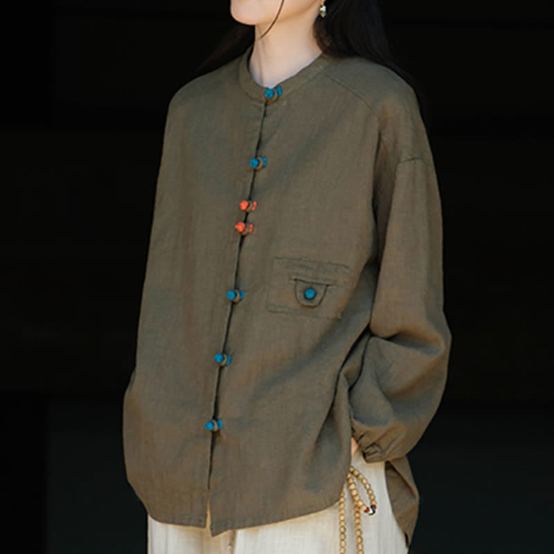 Buddha Stones Fall Tang Style Vintage Frog Button Solid Ramie Women's Long Sleeve Shirts - image 13