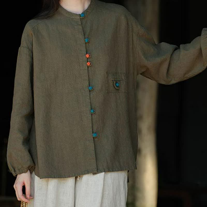 Buddha Stones Fall Tang Style Vintage Frog Button Solid Ramie Women's Long Sleeve Shirts - image 12