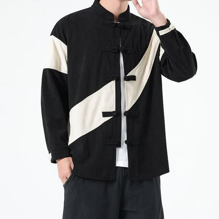Buddha Stones Fall Winter Casual Tang Style Frog Button Corduroy Geometric Men's Jacket - Ivory - US/UK/AU46，EU56 (5XL) - image 13