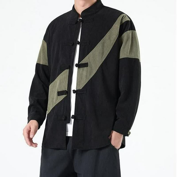 Buddha Stones Fall Winter Casual Tang Style Frog Button Corduroy Geometric Men's Jacket - image 9