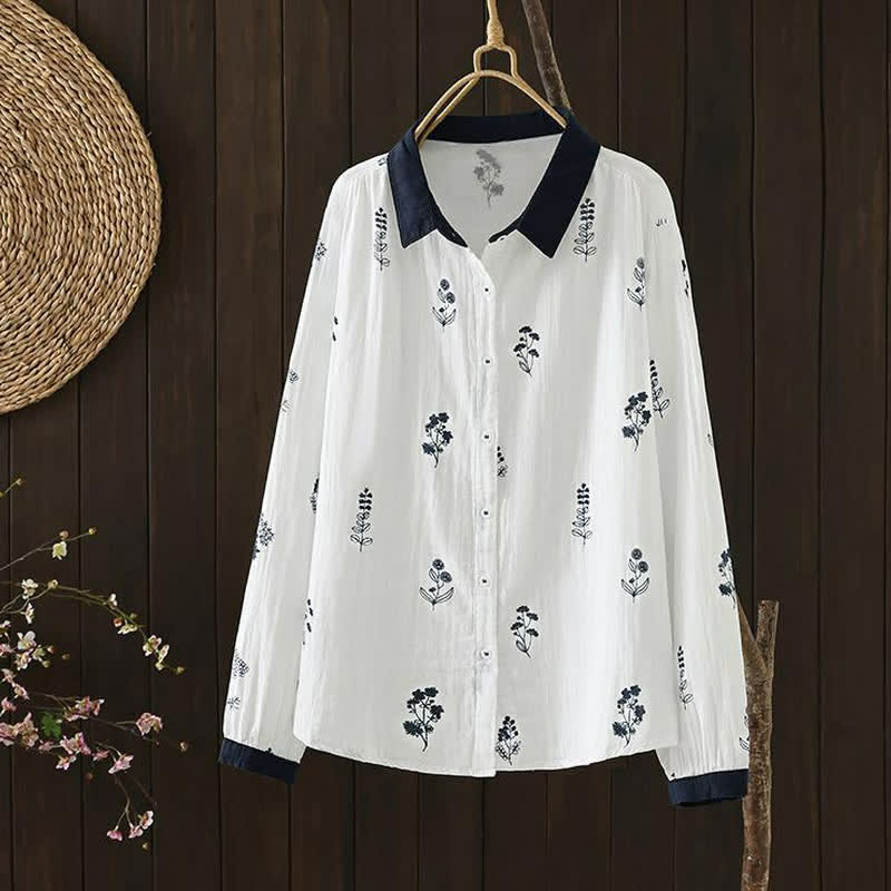 Buddha Stones Spring Fall Casual Vintage Button-Up Floral Women's Long Sleeve Shirts - White - US12, UK/AU16, EU44 (3XL) - image 4