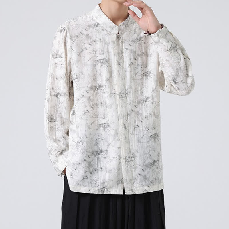 Buddha Stones Spring Tang Style Minimalist Mandarin Collar Abstract Men's Long Sleeve Shirts - image 3