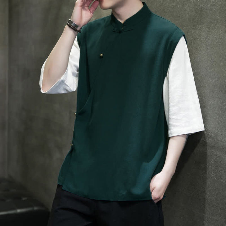 Buddha Stones Summer Tang Style Casual Mandarin Collar Frog Button Solid Tank Top Men's Short Sleeve Shirts - image 3