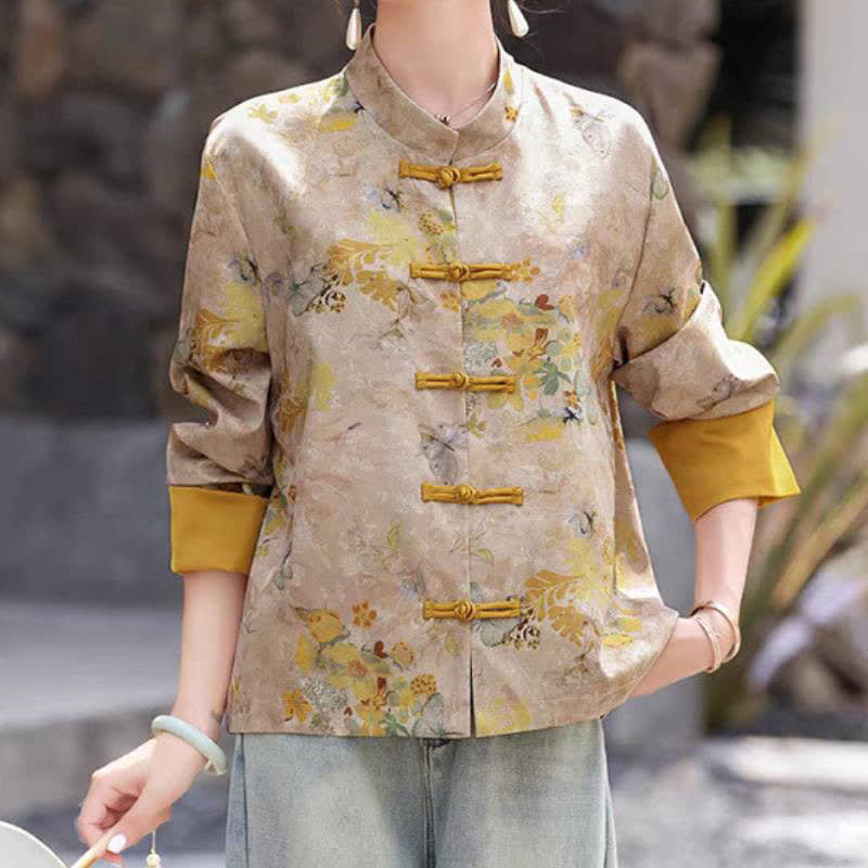 Buddha Stones Fall Vintage Tang Style Frog Button Golden Floral Women's Jacket - Goldenrod - US8-10，UK/AU12-14，EU40-42 (2XL) - image 0