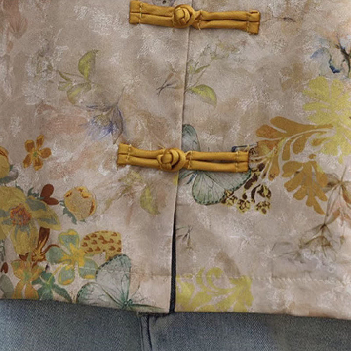 Buddha Stones Fall Vintage Tang Style Frog Button Golden Floral Women's Jacket - image 9