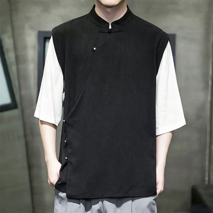 Buddha Stones Summer Tang Style Casual Mandarin Collar Frog Button Solid Tank Top Men's Short Sleeve Shirts - Black - US/UK/AU48, EU58 (6XL) - image 7