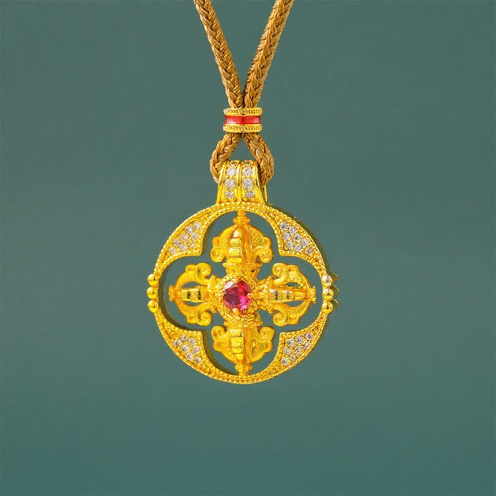 Buddha Stones Gold Plated Brass Vajra Spiritual Power Round Pendant Necklace - Vajra Red Bead&Golden Rope - image 0