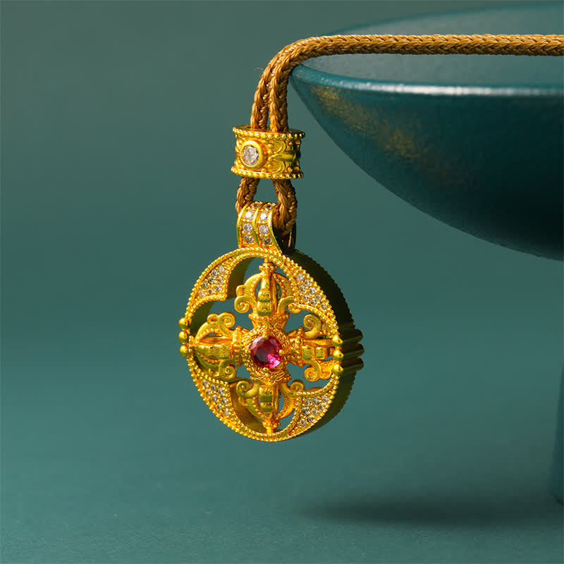 Buddha Stones Gold Plated Brass Vajra Spiritual Power Round Pendant Necklace - Vajra Golden Bead&Golden Rope - image 7