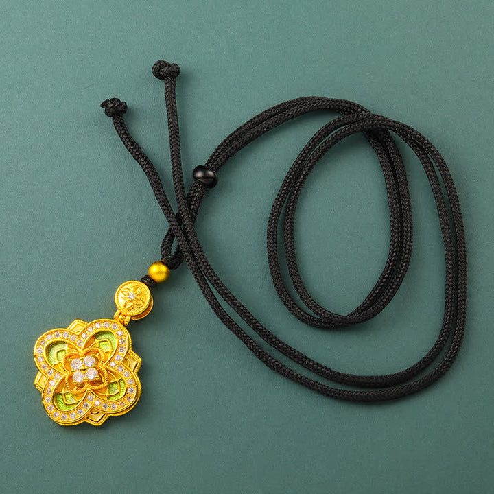 Buddha Stones Begonia Gold Plated Copper Harmonic Connection Ruyi Compass Necklace - Begonia Black Rope - image 9