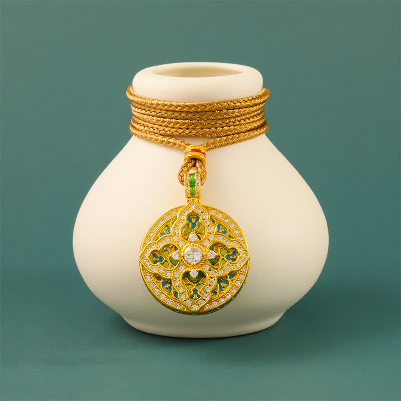Buddha Stones Gourd Gold Plated Brass Energy Round Pendant Necklace - image 1