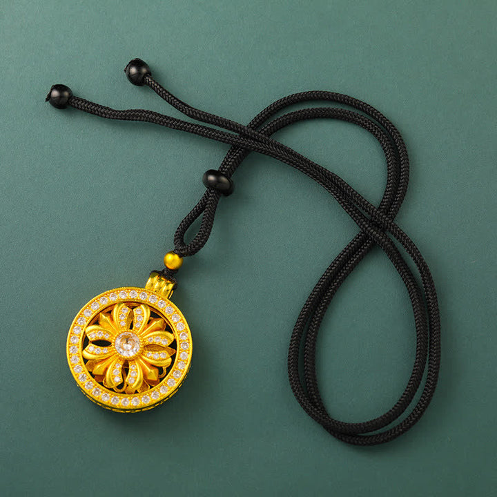 Buddha Stones Gold Plated Brass Rotating Iris Flower Round Pendant Necklace - Black Cord - image 6