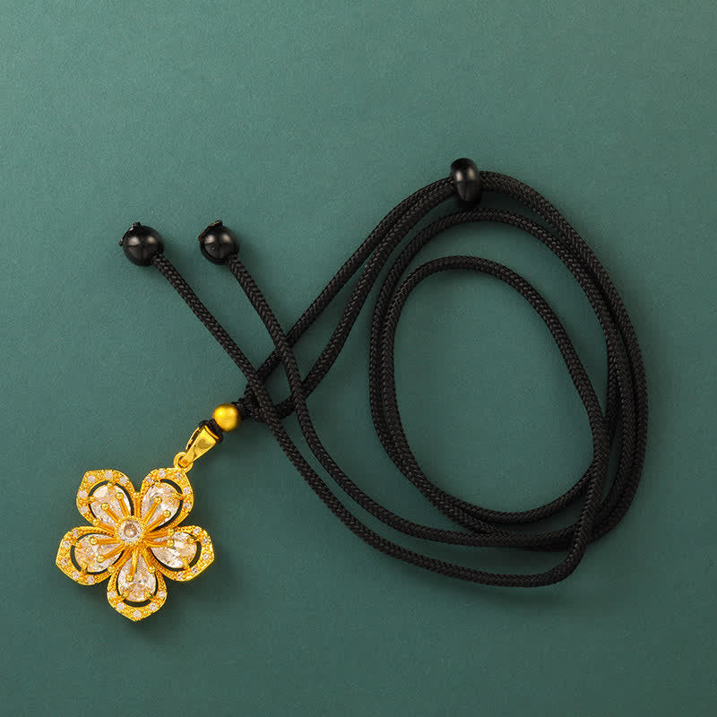 Buddha Stones Gold Plated Brass Plum Blossom Harmonic Connection Pendant Necklace - Beaded Black Rope - image 7