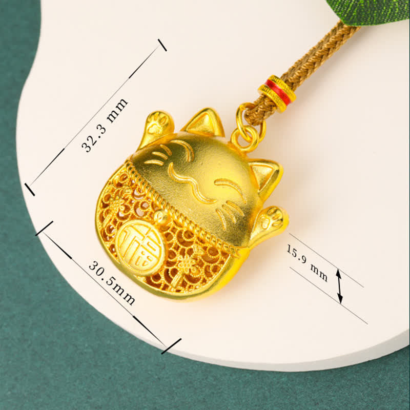 Buddha Stones Gold Plated Brass Fu Character Lucky Cat Blessing Braided Rope Necklace - image 7