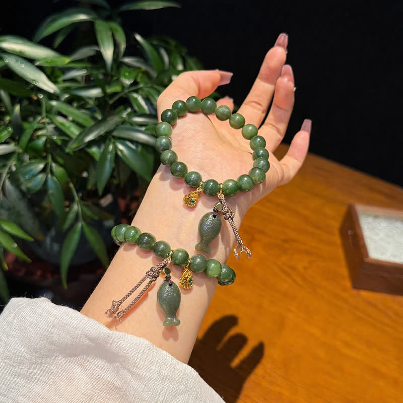 Buddha Stones Natural Cyan Jade Koi Fish Gourd Prosperity Bracelet - image 3