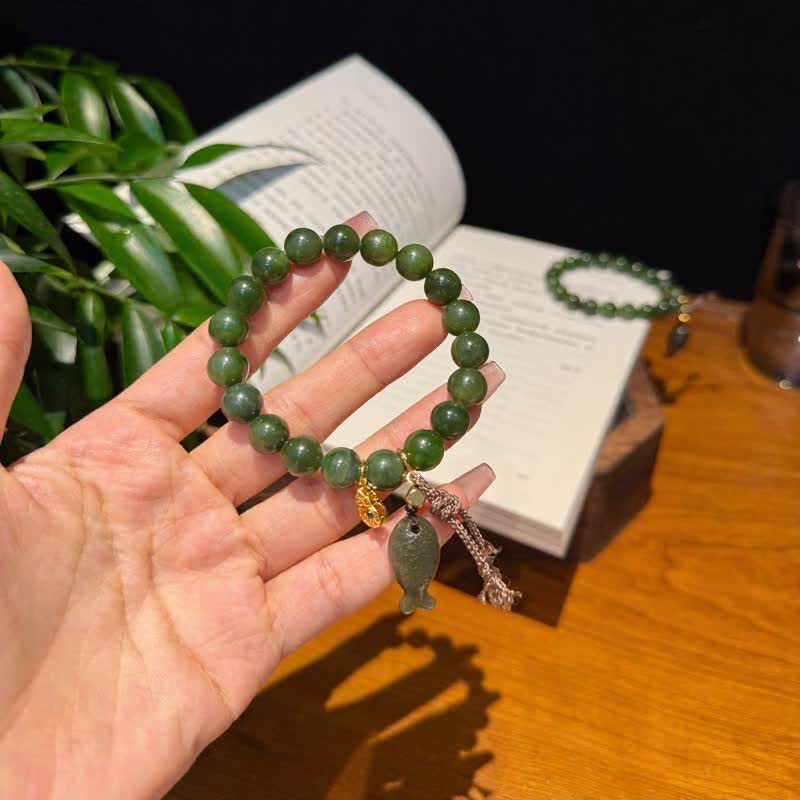 Buddha Stones Natural Cyan Jade Koi Fish Gourd Prosperity Bracelet - image 1