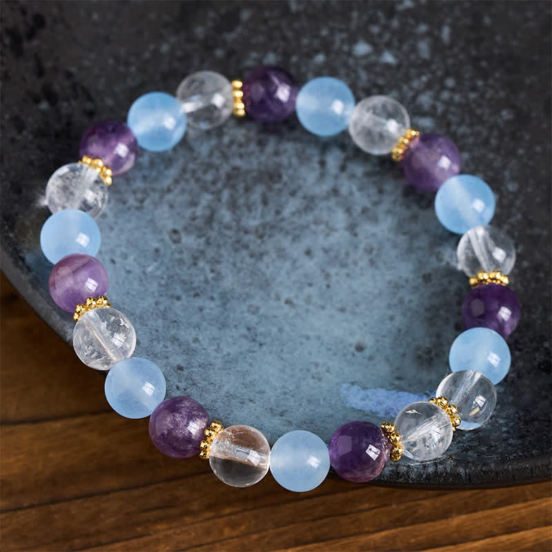 Buddha Stones Clear Quartz Amethyst Blue Chalcedony Beads Protection Bracelet - image 2