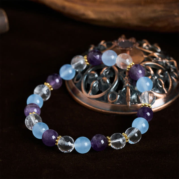 Buddha Stones Clear Quartz Amethyst Blue Chalcedony Beads Protection Bracelet - image 3