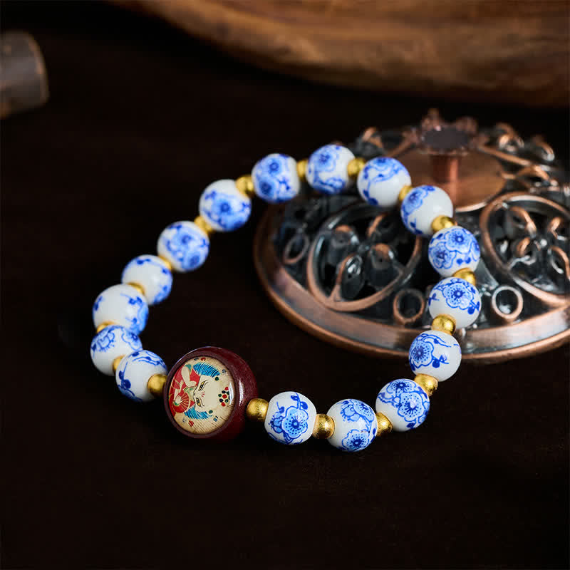 Buddha Stones Blue and White Porcelain Fox Wisdom Beads Bracelet - image 1